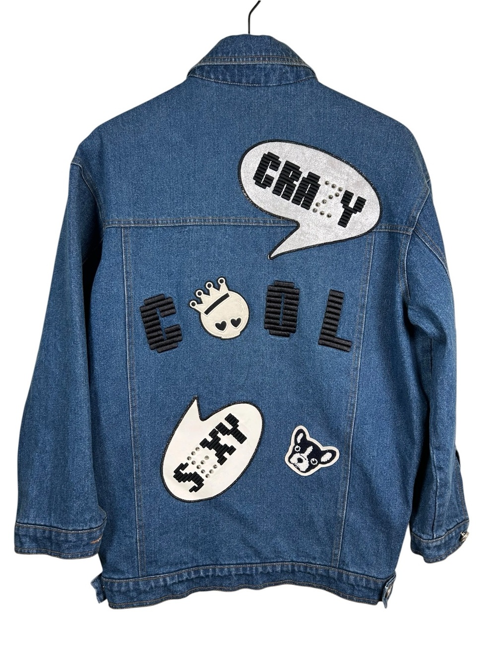 VTG Y2K Crazy‎ Cool Denim Jean Jacket Korean Graphic Patchwork Retro Mall Goth L